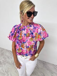 Searcy Print Top Pink Ruffle Sleeve Top With Floral Print, Pink Ruffled Puff Sleeve Blouse, Pink Puff Sleeve Blouse With Ruffles, Summer Multicolor Print Ruffled Tops, Purple Floral Print Short Sleeve Tops, Feminine Multicolor Ruffle Sleeve Tops, Feminine Multicolor Short Sleeve Tops, Casual Pink Top With Abstract Print, Summer Floral Print Purple Blouse