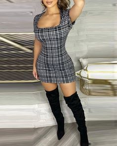 Size: S,M,L,XL;Style:Casual,ChicType:BodyconMaterial:PolyesterNeckline:Square NeckSleeve Style:Short SleeveLength:MiniPattern Type:PlaidDecoration:BacklessFit Type:SkinnyOccasion:DailyPackage Include:1* Dress Casual Stretch Bodycon Dress With Square Neck, Black Non-stretch Mini Dress For Club, Casual Fitted Bodycon Dress With Square Neck, Casual Bodycon Dress With Square Neck, Black Non-stretch Casual Bodycon Dress, Black Non-stretch Short Sleeve Mini Dress, Black Non-stretch Mini Bodycon Dress, Black Non-stretch Mini Dress With Short Sleeves, Non-stretch Black Mini Bodycon Dress