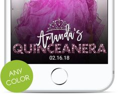 a cell phone with the text amanda's quinceanera on it and an image of a woman in a pink dress