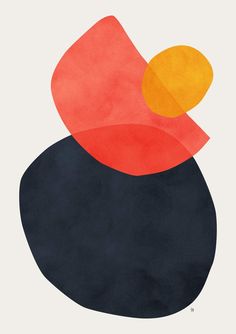 an abstract painting with orange and red shapes on the top, against a white background