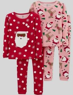 Baby Girls 18M Carter's Just One You 4-pc Santa Holiday Pajamas Set NWT. One set has a Brown Tone Santa face applique with polka dots and snowflakes all over. The second set has all over Santa, reindeer, and Christmas tree print. Super cute! Size 18 Months fits 25-28 lbs For safety reasons, these pajamas are made to fit snugly. Pink Long Sleeve Christmas Sets, Cotton Christmas Sleepwear For Sleepovers, Pink Cotton Christmas Sleepwear, Cute Christmas Long Sleeve Sleepwear, Cute Long Sleeve Christmas Sleepwear, Cute Christmas Sleepwear With Long Sleeves, Pink Cotton Sleepwear For Holiday, Winter Pink Tops For Pajama Party, Pink Tops For Winter Pajama Party