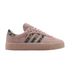 Find ADIDAS Wmns Sambarose 'icey on Editorialist. Following the 2018 re-release of adidas' classic Samba silhouette, the brand launched a women's exclusive sister to the style—the Sambarose. The Wmns Sambarose 'Icey Pink' features a suede upper with a jacquard-woven heel detail, Three-Stripes branding and zigzag stitching. 'Samba' lettering and a Trefoil logo appear on the shoe in metallic gold foil to catch the light. Below, a tonal Icey Pink platform cupsole provides height. Pink Adidas Logo Skate Shoes, Adidas Platform Sneakers With Gum Sole, Adidas Sneakers With Gum Sole, Adidas Platform Sneakers With Boost Midsole, Adidas Sambarose, Pink Platform, Pink Platforms, Adidas Classic, Jacquard Weave