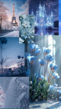 a collage of photos with flowers and the eiffel tower in the background