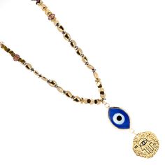 Good Luck Evil Eye and Hamsa Necklace, is a stunning fusion of cultural symbolism and elegant design. This captivating necklace is meticulously crafted, featuring a combination of gold-colored hematite stone beads, blue crystal beads, a sterling silver Hamsa pendant plated with 18k gold, and an 18k gold-plated evil eye glass pendant. At the heart of the necklace lies a sterling silver Hamsa pendant, plated with 18k gold. The Hamsa symbolizes protection and blessings in many cultures, serving as Gold Evil Eye Symbolic Necklace, Bronze Spiritual Jewelry With Polished Beads, Colorful Beads Amulet Pendant Necklace, Colorful Beaded Amulet Pendant Necklace, Spiritual Beaded Chain Jewelry For Festivals, Gold Medallion Necklace With Evil Eye, Spiritual Jewelry With Beaded Chain For Festivals, Gold Evil Eye Jewelry For Festivals, Amulet Style Pendant Necklace With Beaded Chain