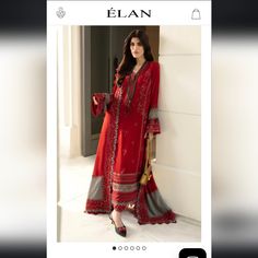 Brand New Unworn Deep Red Pure Chiffon Elan Formal Unstitched Red Georgette Salwar Kameez, Red Dress With Sheer Dupatta For Eid, Red Dresses With Sheer Dupatta For Eid, Formal Red Sets With Sheer Dupatta, Red Lawn Suit With Dabka For Wedding, Red Naqshi Dupatta For Wedding, Elegant Unstitched Red Salwar Kameez, Designer Red Georgette Salwar Kameez, Elegant Semi-stitched Red Lawn Suit