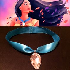 an image of a woman with long hair wearing a blue ribbon and a necklace that has a diamond on it