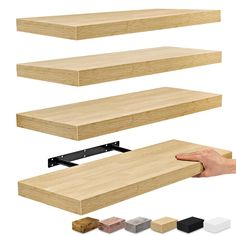 three wooden shelves with one hand holding the shelf above them and four different color options