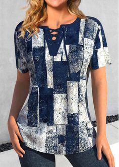 Geometric pattern shirt lace up neck Cheap Retro Button-up Blouse, Blouse Size Chart, Blouse Designs Catalogue, Trendy Tops For Women, Navy Blouse, Casual Summer Shorts, Navy Lace, Short En Jean, Print Blouse