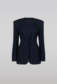 DESCRIPTION Sculptural navy suit jacket with overlapping front, fitted waist, raw edges, bold shoulders, button snap closure and pockets. Pair with Pinstripe Skirt or Pinstripe Trousers. This suit jacket is slightly small in size. The model is wearing S and is 175 cm. MATERIAL 69% polyester, 29% viscose, 2% elastane Tailored Pinstripe Outerwear With Hidden Button Closure, Elegant Double-breasted Pinstripe Blazer, Luxury Pinstripe Double-breasted Blazer, Luxury Pinstripe Blazer With Double-breasted Buttons, Luxury Pinstripe Single-breasted Outerwear, Navy Suit, Pinstripe Suit, Denim Cotton, Premium Brands