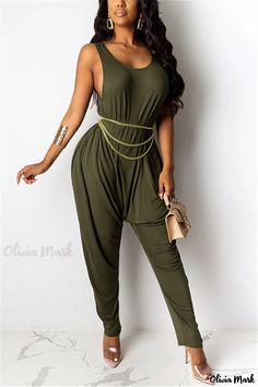 Olivia Mark - Stylish Sleeveless O-Neck Top for Women in Solid Black Color Casual Green Solid Color Tank Top, Beautiful Jumpsuits, Solid Color Jumpsuits, Green Jumpsuit, Color Cafe, Professional Attire, Waist Chain, Fashion Pattern, Dress Size Chart