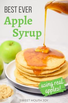 apple syrup poured onto pancakes with real green apples and brown sugar behind Apple Pie Syrup Recipe, Apple Pie Syrup, How To Make Apple Syrup, Apple Syrup Recipe Canning, Apple Simple Syrup Recipe, Carmel Apple Simple Syrup, Apple Syrup From Peels, Spiced Apple Simple Syrup, Apple Juice Concentrate Recipes