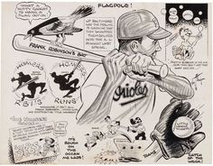 a drawing of a baseball player holding a bat and wearing a hat with other cartoon characters around him