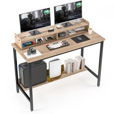 two computer monitors sitting on top of a wooden desk next to books and other items