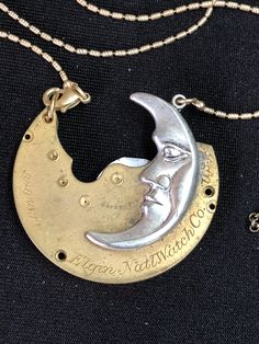 Moon Pendant #uniquejewelry #madhatter #boho #industrialdesign #victorianmagpie #victorianjewelry #fantasy #upcycle #statementjewelry #reimagined Collectible Moon Charm Pendant Necklace, Vintage Moon Phase Round Pendant Jewelry, Vintage Metal Jewelry With Moon Phase, Antique Round Necklace With Moon Charm, Vintage Medallion Necklace With Moon Charm, Vintage Silver Necklace With Moon Charm, Vintage Moon Charm Round Pendant Necklace, Vintage Necklace With Moon Charm Round Pendant, Vintage Nickel Free Moon Shaped Necklaces