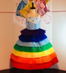 Amazing Rainbow OOC, carnival outfit. Included dress,  head hoop.The top is decorated with light blue flowers, pearls and parallel strips.Size 3-4t (chest 21-22 waist 20 length from shoulder to hem 30-32).The outfit can be made in any size.Message me please and I'll send you a color chart. We can offer about 60 different colors to choose from.Outfit is tailored to order in any standard size.The size chart is the picture of the listing.If you want it to fit perfectly send me please the measuremen Whimsical Rainbow Princess Dress For Dress-up, Fitted Multicolor Princess Dress With Ruffles, Multicolor Princess Dress With Ruffles For Birthday, Multicolor Fitted Princess Dress For Costume Party, Fitted Multicolor Princess Dress For Costume Party, Multicolor Princess Dress With Ruffles For Pageant, Multicolor Ruffled Princess Dress For Pageant, Fitted Whimsical Multicolor Princess Dress, Multicolor Princess Dress With Ruffles