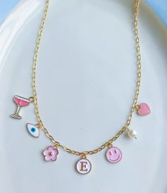 Fun Charm Necklaces For Gifts, Trendy Customizable Charm Necklaces As Gift, Trendy Customizable Charm Necklaces For Gifts, Playful Dangle Personalized Jewelry, Pink Personalized Metal Charm Necklaces, Personalized Pink Metal Charm Necklaces, Fun Personalized Dangle Jewelry, Personalized Dangle Charm Necklaces In Trendy Style, Gold Dangle Fun Jewelry