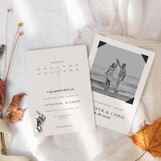 an image of two people holding hands on the beach with their wedding day announcement cards