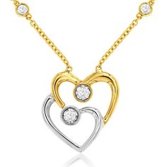 Royal 14K Yellow and White Gold Dual Heart Pendant Necklace with Round Diamonds - 0.16 Carat Total Diamond Weight Yellow Gold Double Heart Diamond Necklace With Accents, Elegant Yellow Gold Double Heart Diamond Necklace, Formal Double Heart Brilliant Cut Diamond Necklace, Formal Double Heart Necklace With Brilliant Cut, Formal Double Heart Brilliant Cut Necklace, Elegant Double Heart Diamond Necklace For Wedding, Elegant Diamond Necklace With Brilliant Cut For Anniversary, Elegant Diamond Heart Pendant Necklace Anniversary Gift, Elegant Brilliant Cut Diamond Necklace For Anniversary