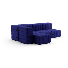 four blue couches sitting next to each other