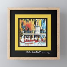 a painting hanging on the wall in a wooden frame with a black border around it