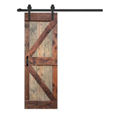 an open sliding door with wooden planks and metal bars on the bottom, against a white background