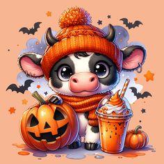 a cow wearing a hat and scarf next to a cup with ice cream in it