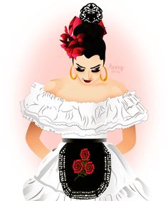 a woman in a white dress with red flowers on her head and an orange flower in her hair