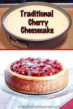 traditional cherry cheesecake in a pan with the words traditional cherry cheesecake above it