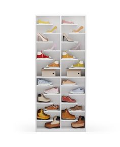 a white shelf filled with lots of different types of shoes