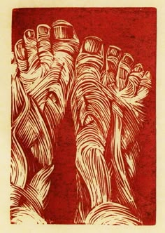 a red and white drawing of two people's feet with their hands in the air