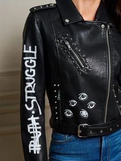 Women's Faux Leather Biker Jacket Bold Graphic Moto Style With Zip-up & Long Sleeves - Etsy Streetwear Faux Leather Biker Jacket With Zipper Closure, Trendy Long Sleeve Leather Jacket With Rivets, Trendy Winter Biker Jacket With Rivets, Trendy Fitted Biker Jacket With Rivets, Punk Style Leather Jacket With Graphic Print, Punk Style Fitted Biker Jacket With Graphic Print, Casual Leather Jacket With Rivets For Winter, Casual Winter Leather Jacket With Rivets, Trendy Streetwear Outerwear With Rivets