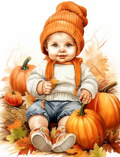 a painting of a baby wearing a hat and scarf sitting on top of pumpkins