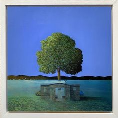 a painting of a tree in the middle of a lake with a shack on it