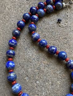 Sterling Silver Round Lapis Coral Bead Necklace. 18 inch Lapis Lazuli Beaded Necklaces With Large Beads As Gift, Lapis Lazuli Beaded Necklace With Large Beads For Gift, Classic Gemstone Beads Jewelry For Jewelry Making, Gift Necklaces With Large Rondelle Beads, Classic Jewelry With Gemstone Beads For Jewelry Making, Classic Necklace With Large Beads For Gift, Artisan Single Strand Round Bead Jewelry, Round Lapis Lazuli Necklace With Polished Beads, Lapis Lazuli Necklace With Polished Round Beads