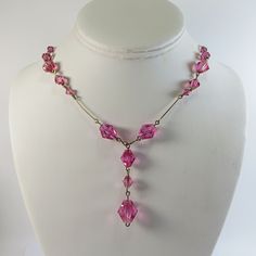 "Edwardian Pink Crystal Necklace, Lovely Rose Pink Old Facet Crystal Necklace on Square Section Rolled Gold Wire ✿☆.*'`♥.*' ✿☆..*'.*' ♥ .*'♥ ✿☆..*' ♥ ✿☆.¸.*'♥.*' ♥ ✿☆.¸¸.*'.¸¸.*'♥.*' ♥ '.*.*'.*' ♥ ✿' ♥ This is a most beautiful vintage necklace of deep rose pink faceted crystal beads, heavy and high quality, on square section rolled gold wire with a hook clasp made of the same; this is very typical of the Edwardian period where a fair amount of jewellery is constructed in this manner - the rolled Pink Crystal Necklace, Hook Clasp, Gold Wire, Faceted Crystal, Pink Crystal, Rose Pink, Vintage Necklace, Crystal Necklace, Crystal Beads