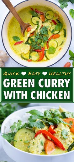 green curry with chicken in a white bowl