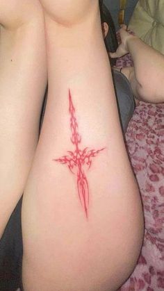 Tattoos For Thighs For Women, Cosmic Tattoos For Women, Red Tattoo Cover Up, Cygilism Tattoos, Succubi Womb Tattoo, Pink Spine Tattoo, Red Cybersigilism Tattoo, Heart Tattoo Sternum, Spinal Tattoo Ideas