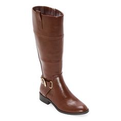 Step out in style and comfort with these St. John's Bay women's Roslyn riding boots which combine a classic equestrian aesthetic with modern details. Crafted from faux leather with a rubber sole, they feature a smooth finish, a chic textured panel at the top, a buckle on the side, a 1-inch heel, memory foam insoles, and a zipper closure for easy on and off. Wear them with jeans, skirts, or dresses.Features: Memory FoamClosure Type: Side ZipperFootwear Technology: Memory Foam InsoleShaft Circumfe Knee-high Riding Boots With Buckle Closure, Brown Wide Calf Knee-high Boots For Riding, Wide Calf Knee-high Riding Boots, Brown Winter Riding Knee-high Boots, Wide Calf Riding Knee-high Boots For Winter, Brown Knee-high Riding Boots With Round Toe, Brown Round Toe Knee-high Riding Boots, Brown Wide Calf Boots For Riding, Medium Width Brown Riding Boots