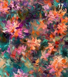 an abstract painting of pink and orange flowers