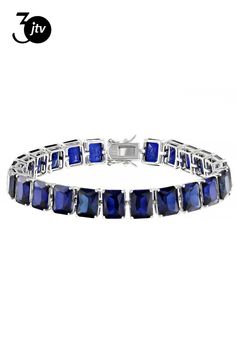 58.65ctw Rectangular Octagonal Lab Created Blue Sapphire Rhodium Over Sterling Silver Tennis Bracelet. Measures Approximately 0.36"W. Box clasp closures. Silver Tennis Bracelet, Box Clasp, Tennis Bracelet, Blue Sapphire, Tennis, Sapphire, Lab, Bracelet, Sterling Silver