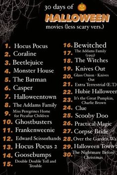 halloween movies list with the names and dates for each movie, including spider webs