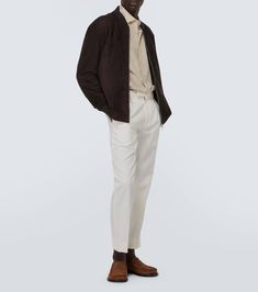 Find ZEGNA Suede Bomber Jacket on Editorialist. Material: 100% lamb leather. Care instructions: specialist clean. Made in Italy. Designer color name: Dark Brown. Lining: 63% silk, 37% polyamide. Trim: 83% wool, 16% polyamide, 1% elastane. Closure: two-way zipped front. Pockets: snap-buttoned pockets, internal pockets. Hem: ribbed, straight. Cuff: ribbed. Bomber. Tailored Silk Outerwear With Long Sleeves, Tailored Silk Long Sleeve Outerwear, Tailored Leather Outerwear, Tailored Leather Outerwear With Concealed Placket, Tailored Leather Outerwear With Long Sleeves, Tailored Leather Long Sleeve Outerwear, Tailored Silk Outerwear For Business Casual, Silk Single Breasted Outerwear For Business Casual, Silk Long Sleeve Outerwear For Business Casual