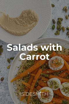 a plate with carrots and eggs on it next to a bowl filled with seeds