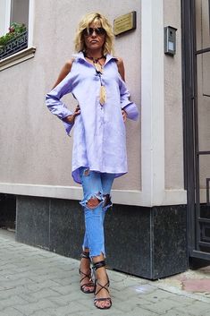 Ready for summer with trendy light purple asymmetric linen cold shoulder shirt. Soft touch in hot summer days :)  Draped and tied at the shoulder-baring upper sleeves, a classic button-down in a high/low tunic cut takes on fresh, feminine appeal.  Look at other similar items in my Etsy shop: https://www.etsy.com/shop/RenatteShop * Size Chart The item from the picture is size S. XS (US 2, UK 6) Bust: around 33.5" / 85 cm Waist: around 26" / 66 cm Hips: around 36" / 91 cm Height: 5'3" / 160 cm S (US 6, UK 10) Bust: fits Bust around 35.5" / 90 cm Waist: fits waist around 28"/ 71 cm Hips: fits hips around 38"/ 97 cm Height: 5'5" / 165 cm M (US 10, UK 14) Bust: around 37.5" / 95 cm Waist: around 30"/ 76 cm Hips: around 40"/ 102 cm Height: 5'6" / 165-167 cm L (US 14, UK 18) Bust: around 40.5"/ 1 Purple Linen, Cold Shoulder Shirt, High Low Tunic, Shoulder Shirts, Women Shirt, Party Shirts, Light Purple, Womens Clothing Tops, Bulgaria