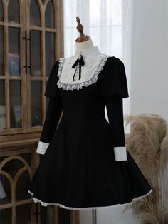 Size 			S 			M 			L 			XL 		 		 			Bust 			86 			90 			94 			96 		 		 			Waist 			68 			72 			76 			80 		 		 			Full Length 			88 			88 			90 			90 		 		 			Shoulders 			34 			35 			36 			36 Spooky Outfits Aesthetic, Black Dress White Collar, Nun Outfit, Nun Costume, Internet Girl, Cute Black Dress, Beauty Dress, Hair Clothes, Goth Outfits