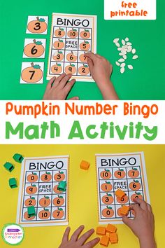 the pumpkin number bingo math activity is perfect for kids to practice counting and addition skills