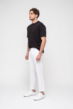 No. #595 - Signature Collection - White Mens 100 Linen Tapered Beach Pants Trousers Relaxed Fit Model Measurements: Height: 192 cm Inseam: 106 cm Waist Size: 92 cm Hip Size: 108 cm Model Wears Size: 32 Choose According to Your Jean Waist Size White Mens 100 Linen Tapered Beach Pants Trousers Relaxed Fit Signature Collection: Explore New Horizons Are you ready for a journey to new horizons with Signature Collection? Our boundary-pushing designs meet high-quality Italian linen fabric. In this uniq Linen Trousers Men, Mens Beach Pants, White Linen Trousers, Linen Beach Pants, Mens Linen Pants, Linen Collection, Mens Linen, Men Beach, Beach Pants