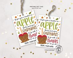 two gift tags with the words, be your teacher and an apple for caramel thanes