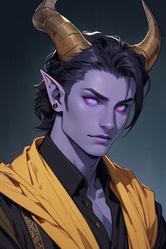 an image of a male character with horns on his head and purple eyes, looking to the side