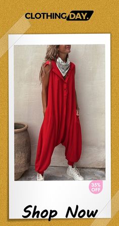 Let's Chill Pocketed Half Button Hooded Loose Jumpsuit Button Closure Jumpsuits And Rompers For Loungewear, Jumpsuits And Rompers With Button Closure For Loungewear, Casual Red Solid Color Jumpsuits And Rompers, Casual Red Jumpsuits And Rompers, Casual Red Jumpsuit And Romper, Casual Solid Jumpsuits And Rompers With Buttons, Casual Hooded Jumpsuits For Fall, Casual Jumpsuits And Rompers With Buttons, Casual Red Jumpsuit